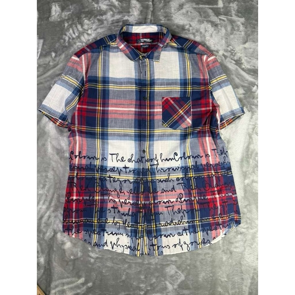 Desigual Man Embroidered Plaid Short Sleeve Shirt Graffiti Men's Size 2XL
